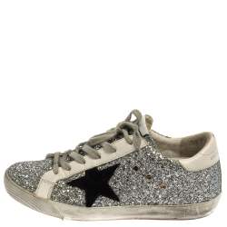 Pre Owned Golden Goose Silver/White Glitter And Leather Superstar Sneakers Size 37
