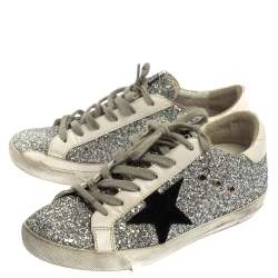 Pre Owned Golden Goose Silver/White Glitter And Leather Superstar Sneakers Size 37