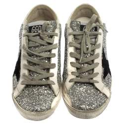 Pre Owned Golden Goose Silver/White Glitter And Leather Superstar Sneakers Size 37