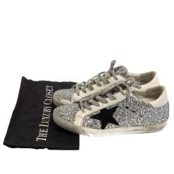 Pre Owned Golden Goose Silver/White Glitter And Leather Superstar Sneakers Size 37