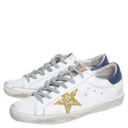 Pre Owned Golden Goose White Leather And Glitter Superstar Lace Up Sneakers Size 40
