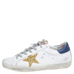 Pre Owned Golden Goose White Leather And Glitter Superstar Lace Up Sneakers Size 40