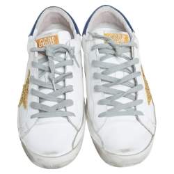 Pre Owned Golden Goose White Leather And Glitter Superstar Lace Up Sneakers Size 40