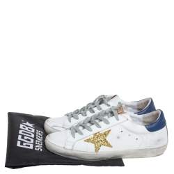 Pre Owned Golden Goose White Leather And Glitter Superstar Lace Up Sneakers Size 40
