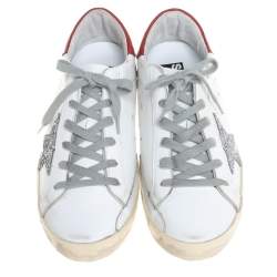 Pre Owned Golden Goose White/Silver Leather And Glitter Superstar Lace Up Sneakers Size 40
