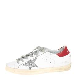 Pre Owned Golden Goose White/Silver Leather And Glitter Superstar Lace Up Sneakers Size 40