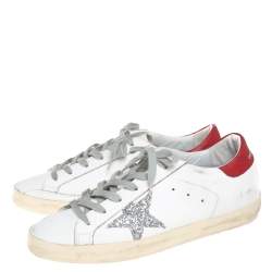 Pre Owned Golden Goose White/Silver Leather And Glitter Superstar Lace Up Sneakers Size 40