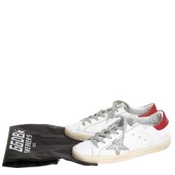 Pre Owned Golden Goose White/Silver Leather And Glitter Superstar Lace Up Sneakers Size 40
