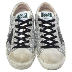 Pre Owned Golden Goose Silver Glitter And Suede Superstar Sneakers Size 39