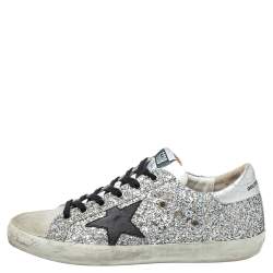 Pre Owned Golden Goose Silver Glitter And Suede Superstar Sneakers Size 39