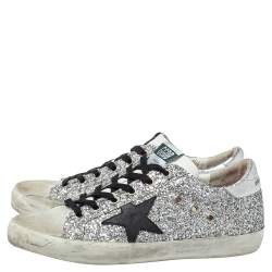 Pre Owned Golden Goose Silver Glitter And Suede Superstar Sneakers Size 39