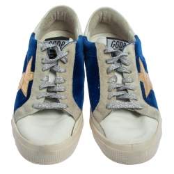 Pre Owned Golden Goose Blue/White Velvet And Leather May Low Top Sneakers Size 39