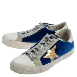 Pre Owned Golden Goose Blue/White Velvet And Leather May Low Top Sneakers Size 39