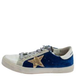 Pre Owned Golden Goose Blue/White Velvet And Leather May Low Top Sneakers Size 39
