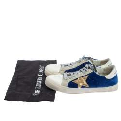 Pre Owned Golden Goose Blue/White Velvet And Leather May Low Top Sneakers Size 39