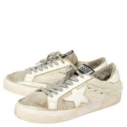 Pre Owned Golden Goose White/Grey Distressed Suede And Pony Hair Lace Up Sneakers Size 37