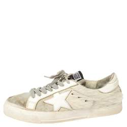 Pre Owned Golden Goose White/Grey Distressed Suede And Pony Hair Lace Up Sneakers Size 37