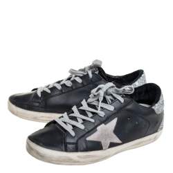 Pre Owned Golden Goose Black/Silver Leather And Glitter Superstar Low Top Sneakers Size 37