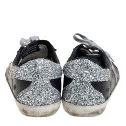Pre Owned Golden Goose Black/Silver Leather And Glitter Superstar Low Top Sneakers Size 37