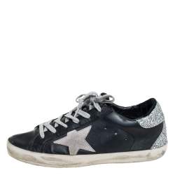 Pre Owned Golden Goose Black/Silver Leather And Glitter Superstar Low Top Sneakers Size 37