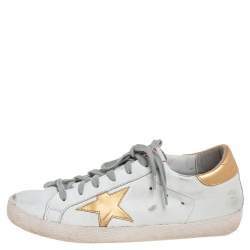 Pre Owned Golden Goose White/Gold Leather Superstar Low-Top Sneakers Size 39