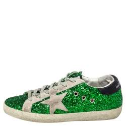 Pre Owned Golden Goose Green Glitter And Suede Superstar Low Top Sneakers Size 37