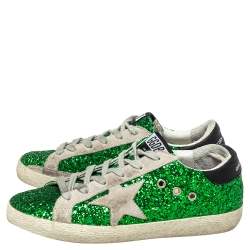 Pre Owned Golden Goose Green Glitter And Suede Superstar Low Top Sneakers Size 37