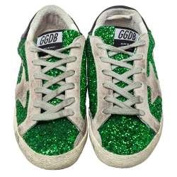 Pre Owned Golden Goose Green Glitter And Suede Superstar Low Top Sneakers Size 37