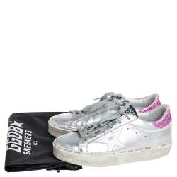 Pre Owned Golden Goose Silver/Pink Leather And Glitter Superstar Low Top Sneakers Size 37