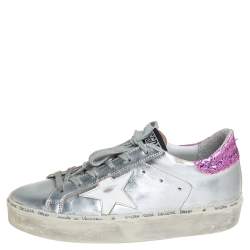 Pre Owned Golden Goose Silver/Pink Leather And Glitter Superstar Low Top Sneakers Size 37
