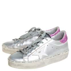 Pre Owned Golden Goose Silver/Pink Leather And Glitter Superstar Low Top Sneakers Size 37