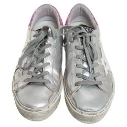 Pre Owned Golden Goose Silver/Pink Leather And Glitter Superstar Low Top Sneakers Size 37