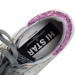 Pre Owned Golden Goose Silver/Pink Leather And Glitter Superstar Low Top Sneakers Size 37