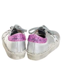 Pre Owned Golden Goose Silver/Pink Leather And Glitter Superstar Low Top Sneakers Size 37
