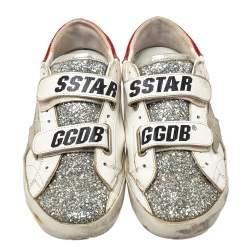 Pre Owned Golden Goose White/Silver Glitter And Leather Old School Sneakers Size 35
