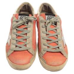 Pre Owned Golden Goose Pink/White Canvas And Suede Superstar Sneakers Size 39