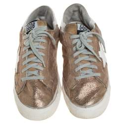 Pre Owned Golden Goose Gold/White Glitter And Leather Superstar Low Top Sneakers Size 40
