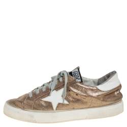 Pre Owned Golden Goose Gold/White Glitter And Leather Superstar Low Top Sneakers Size 40