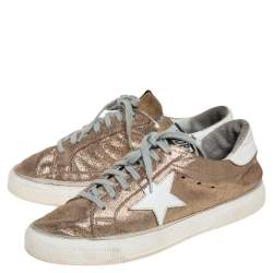 Pre Owned Golden Goose Gold/White Glitter And Leather Superstar Low Top Sneakers Size 40