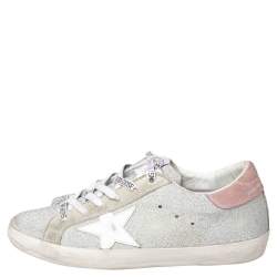 Pre Owned Golden Goose Silver/Grey Glitter Superstar Low Top  Sneakers Size 38