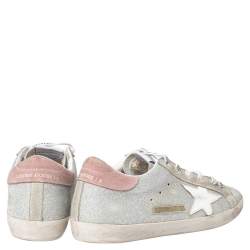 Pre Owned Golden Goose Silver/Grey Glitter Superstar Low Top  Sneakers Size 38