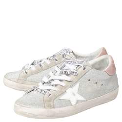 Pre Owned Golden Goose Silver/Grey Glitter Superstar Low Top  Sneakers Size 38