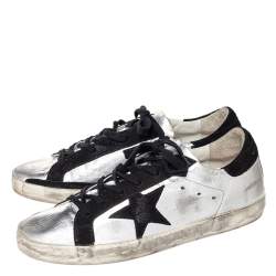Pre Owned Golden Goose Silver/Black Metallic Leather And Suede Superstar Sneakers Size 40