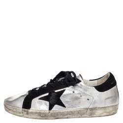 Pre Owned Golden Goose Silver/Black Metallic Leather And Suede Superstar Sneakers Size 40