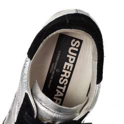 Pre Owned Golden Goose Silver/Black Metallic Leather And Suede Superstar Sneakers Size 40