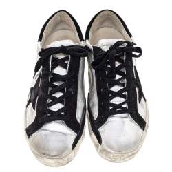 Pre Owned Golden Goose Silver/Black Metallic Leather And Suede Superstar Sneakers Size 40