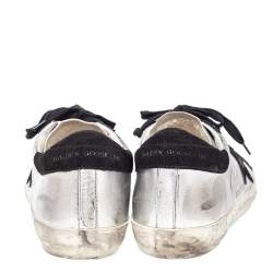 Pre Owned Golden Goose Silver/Black Metallic Leather And Suede Superstar Sneakers Size 40