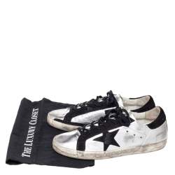 Pre Owned Golden Goose Silver/Black Metallic Leather And Suede Superstar Sneakers Size 40