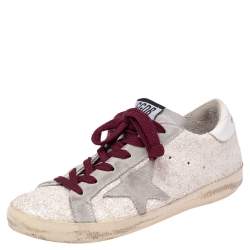 Golden Goose Vanilla/Grey Glitter and Suede Superstar Low Top Sneaker Size 36