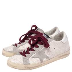 Golden Goose Vanilla/Grey Glitter and Suede Superstar Low Top Sneaker Size 36